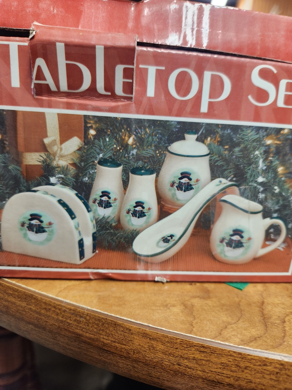 Christmas Snowman Ceramic Tabletop Set - Cream with Green Trim
